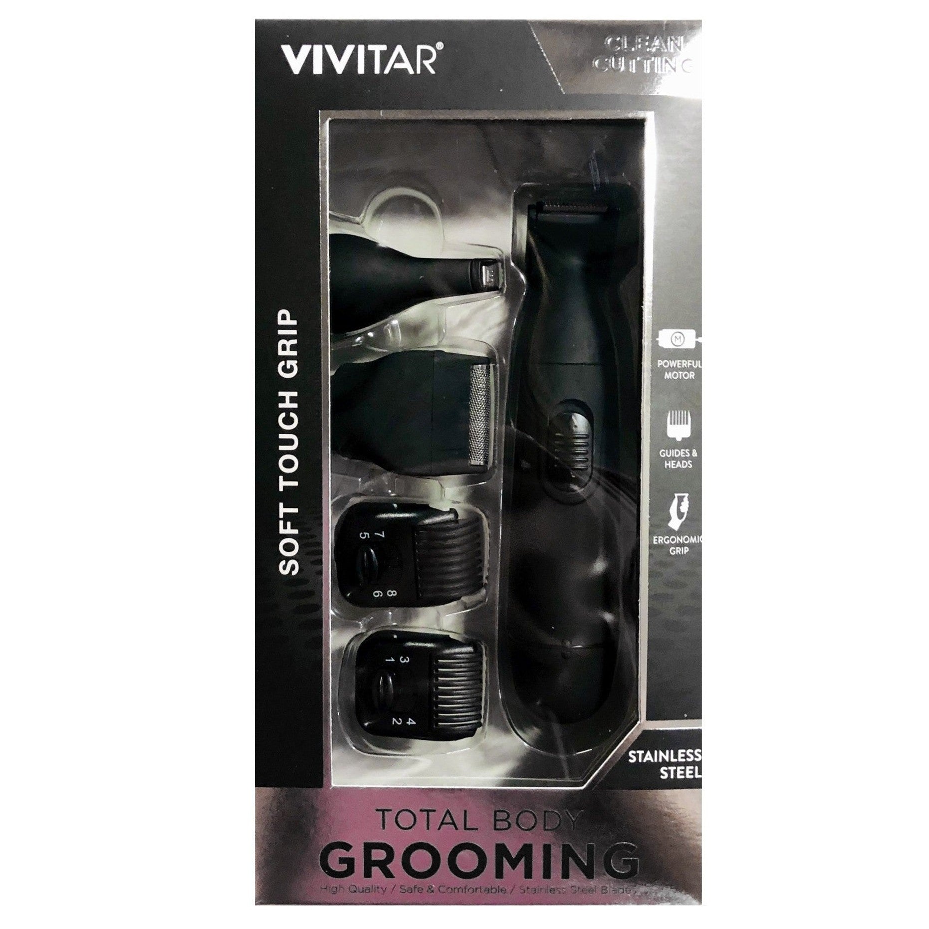 A packaged Vivitar total body grooming kit with multiple attachment heads and a black soft-touch grip.